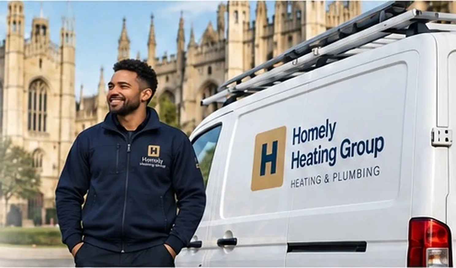 A Homely Heating Group engineer beside a Homely van in Cambridge