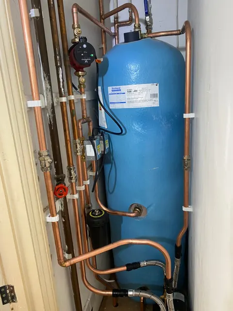 Blue hot water storage cylinder installation